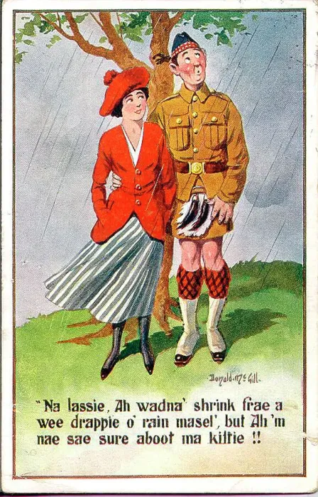 Framed Print : Comic postcard, Scotsman and young woman in the rain Date: early 20th century Framed Print : Comic postcard, Scotsman and young woman in the rain Date: early 20th century