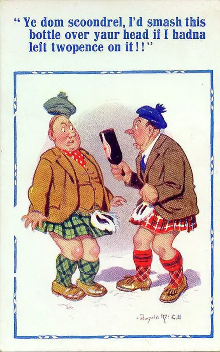 Framed Print : Comic postcard, Two Scotsmen in confrontation Date: 20th century Framed Print : Comic postcard, Two Scotsmen in confrontation Date: 20th century