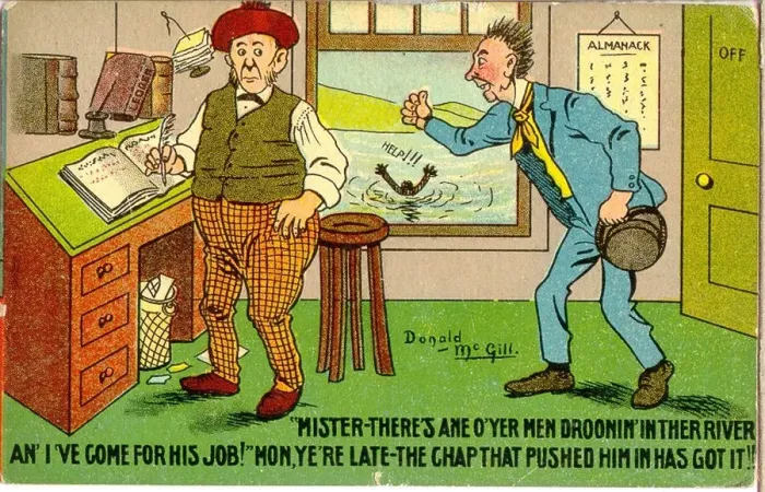Framed Print : Comic postcard, Two Scotsmen in an office, job vacancy Date: 20th century Framed Print : Comic postcard, Two Scotsmen in an office, job vacancy Date: 20th century