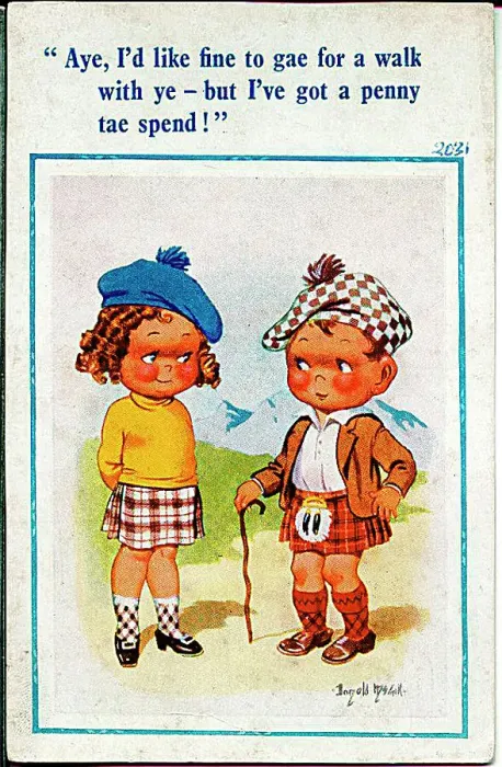 : Comic postcard, Scottish boy and girl chatting Date: 20th century : Comic postcard, Scottish boy and girl chatting Date: 20th century