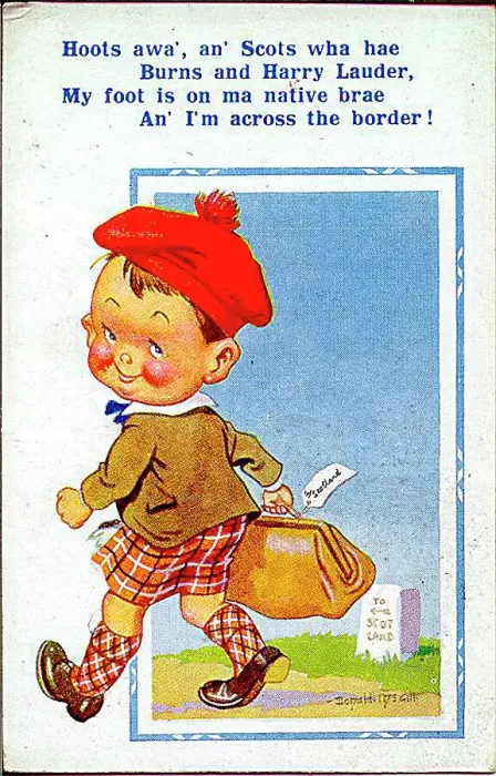 : Comic postcard, Scottish boy happy to be back in Scotland Date: 20th century : Comic postcard, Scottish boy happy to be back in Scotland Date: 20th century