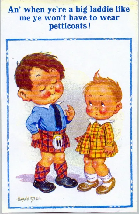 Framed Print : Comic postcard, Scottish boy in a kilt Date: 20th century Framed Print : Comic postcard, Scottish boy in a kilt Date: 20th century
