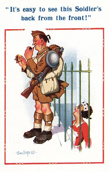 Comic postcard, Scottish Soldier in the British Army, WW2 - a maid looks up at him from a
