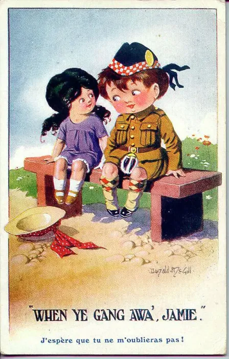 Framed Print : Comic postcard, Scottish soldier and girl, sitting on a bench. Date: 1914-1918 Framed Print : Comic postcard, Scottish soldier and girl, sitting on a bench. Date: 1914-1918