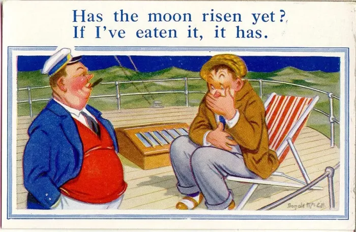 Framed Print : Comic postcard, Sea sickness on board ship Date: 20th century Framed Print : Comic postcard, Sea sickness on board ship Date: 20th century