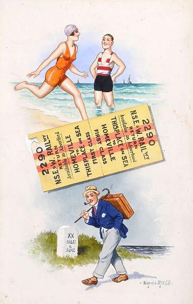 Comic postcard, Seaside scenes and railway ticket Date: 20th century