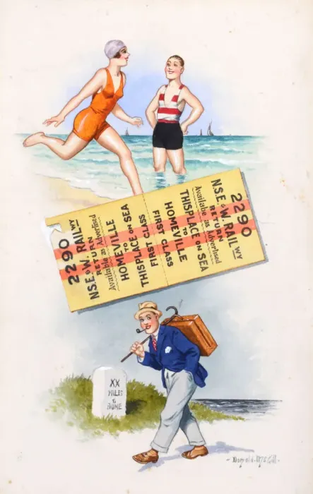 Framed Print : Comic postcard, Seaside scenes and railway ticket Date: 20th century Framed Print : Comic postcard, Seaside scenes and railway ticket Date: 20th century