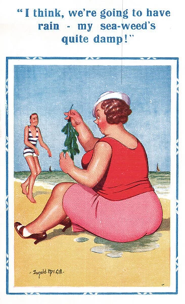 Comic postcard, seaweed on the beach