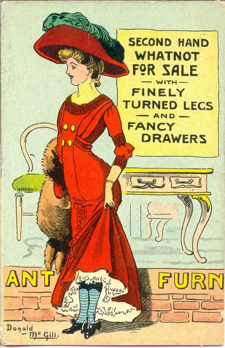 Framed Print : Comic postcard, Second Hand Whatnot For Sale with finely turned legs Framed Print : Comic postcard, Second Hand Whatnot For Sale with finely turned legs