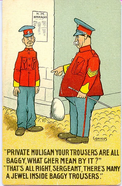 Comic postcard, Sergeant and soldier - criticism of baggy trousers Date