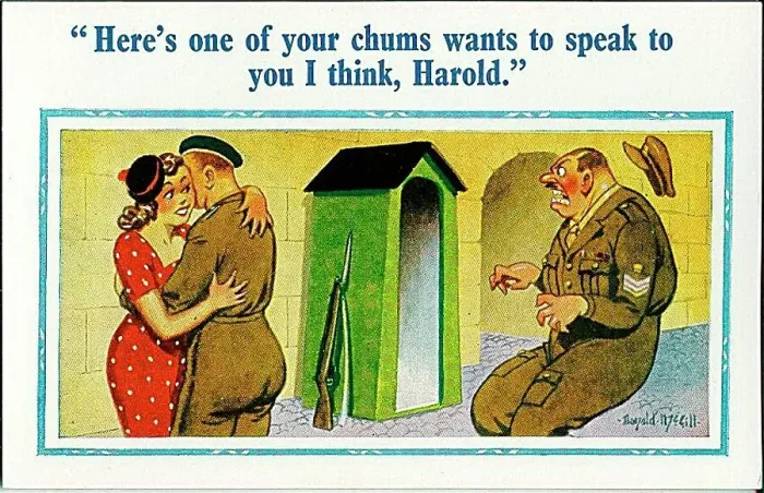 : Comic postcard, Sergeant, soldier and pretty woman Date: circa 1940s : Comic postcard, Sergeant, soldier and pretty woman Date: circa 1940s