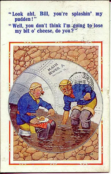 : Comic postcard, Sewage workers break for lunch Date: 20th century : Comic postcard, Sewage workers break for lunch Date: 20th century