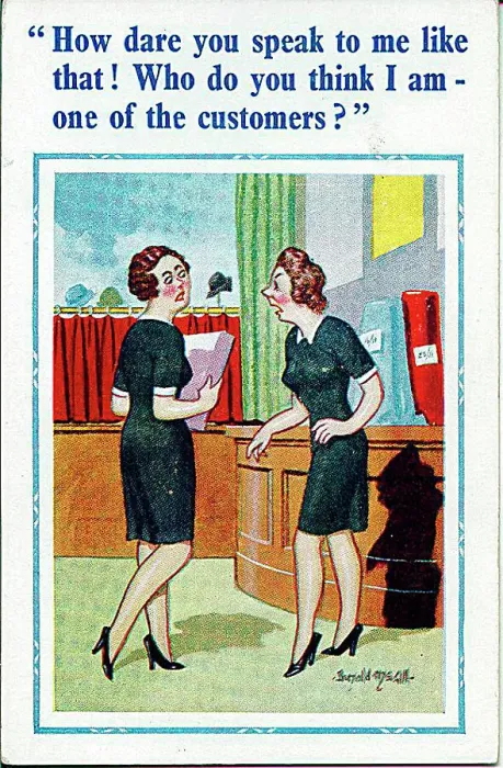 : Comic postcard, Two shop assistants Date: 20th century : Comic postcard, Two shop assistants Date: 20th century