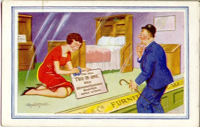 Framed Print : Comic postcard, Shop window display with bed Framed Print : Comic postcard, Shop window display with bed