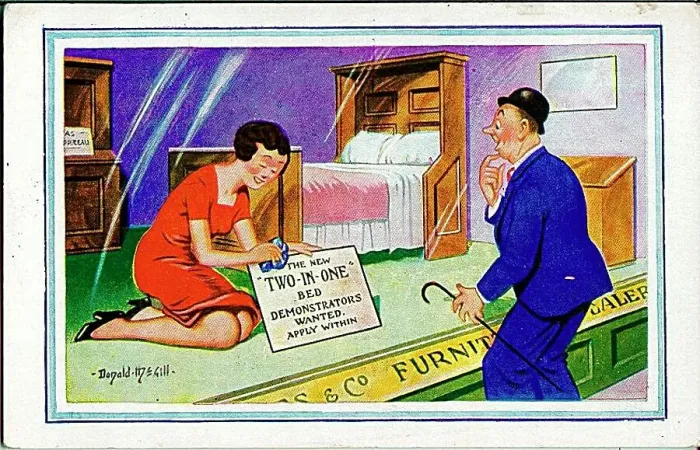 : Comic postcard, Shop window display with bed Date: 20th century : Comic postcard, Shop window display with bed Date: 20th century
