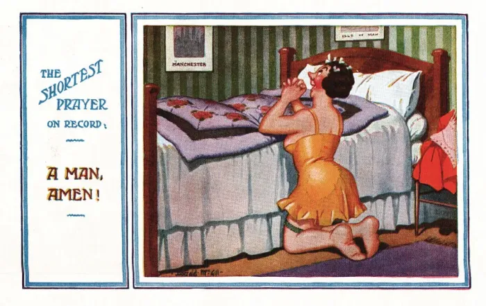 Framed Print : Comic postcard, The shortest prayer on record Framed Print : Comic postcard, The shortest prayer on record