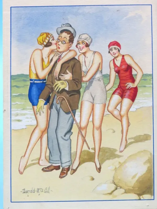 Framed Print : Comic postcard, Shy man with pretty women on the beach Framed Print : Comic postcard, Shy man with pretty women on the beach