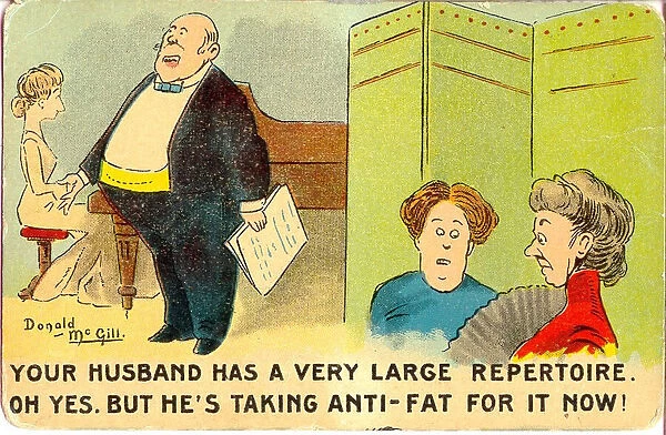Comic postcard, Singer with large repertoire