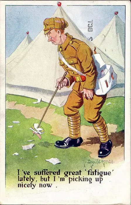 Framed Print : Comic postcard, Soldier in army camp, picking up nicely. Date: 1914-1918 Framed Print : Comic postcard, Soldier in army camp, picking up nicely. Date: 1914-1918