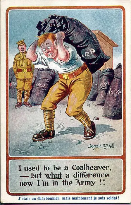 Framed Print : Comic postcard, Soldier in army camp, carrying coal. Date: 1914-1918 Framed Print : Comic postcard, Soldier in army camp, carrying coal. Date: 1914-1918