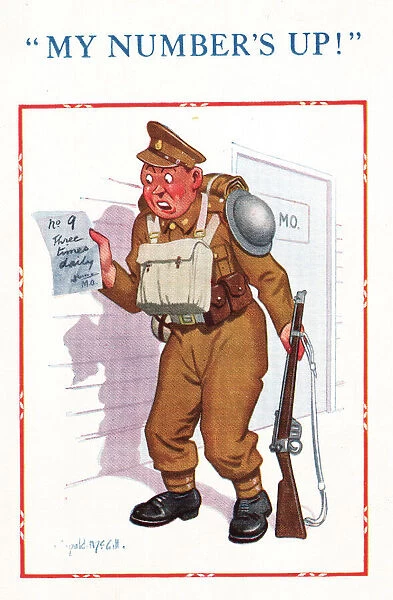 Comic postcard, Soldier in the British Army, WW2 - My Numbers Up! Date: circa 1940s