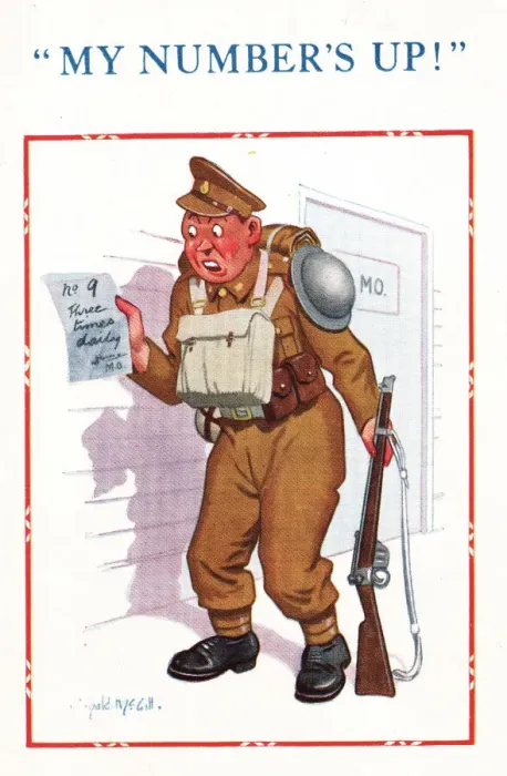 Framed Print : Comic postcard, Soldier in the British Army, WW2 - My Numbers Up! Date: circa 1940s Framed Print : Comic postcard, Soldier in the British Army, WW2 - My Numbers Up! Date: circa 1940s