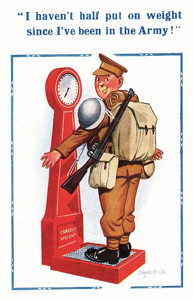 Comic postcard, Soldier in the British Army, WW2 - putting on weight
