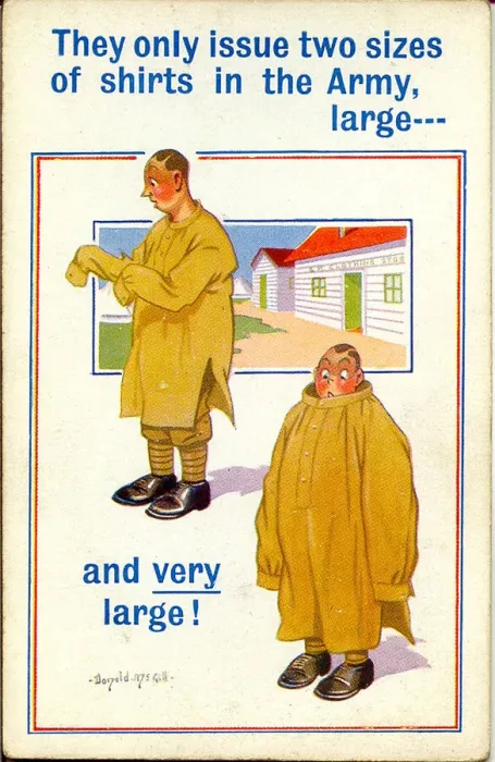 Framed Print : Comic postcard, Soldier in the British Army, WW2 - They only issue two sizes of shirts in Framed Print : Comic postcard, Soldier in the British Army, WW2 - They only issue two sizes of shirts in
