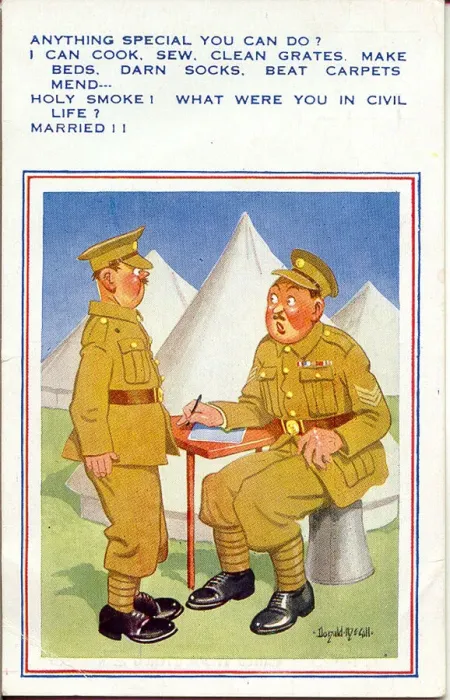 Framed Print : Comic postcard, Soldier in the British Army, WW2 - giving the sergeant a list of his Framed Print : Comic postcard, Soldier in the British Army, WW2 - giving the sergeant a list of his