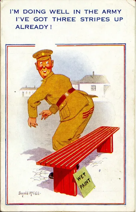 Framed Print : Comic postcard, Soldier in the British Army, WW2 - wet paint Date: circa 1940s Framed Print : Comic postcard, Soldier in the British Army, WW2 - wet paint Date: circa 1940s