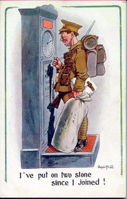 Framed Print : Comic postcard, Soldier in the British Army, weighing himself. Date: 1914-1918 Framed Print : Comic postcard, Soldier in the British Army, weighing himself. Date: 1914-1918
