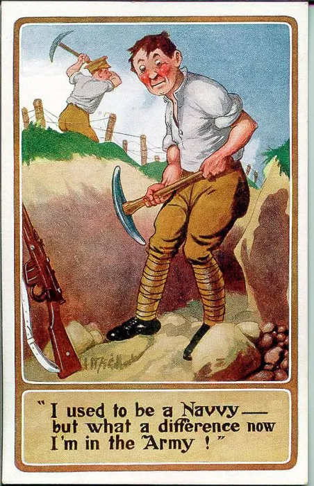 Framed Print : Comic postcard, Soldier digging a trench. Date: 1914-1918 Framed Print : Comic postcard, Soldier digging a trench. Date: 1914-1918