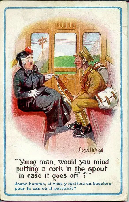 Framed Print : Comic postcard, Soldier and elderly woman in train compartment. Date: 1914-1918 Framed Print : Comic postcard, Soldier and elderly woman in train compartment. Date: 1914-1918