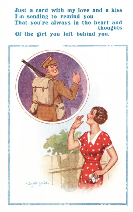 Framed Print : Comic postcard, Soldier and his girlfriend, WW2 Date: circa 1940s Framed Print : Comic postcard, Soldier and his girlfriend, WW2 Date: circa 1940s