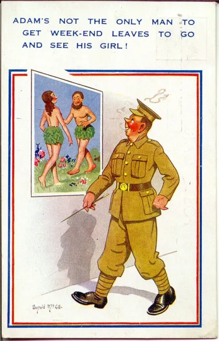 Framed Print : Comic postcard, Soldier happy to be going on leave, WW2 Date: circa 1940s Framed Print : Comic postcard, Soldier happy to be going on leave, WW2 Date: circa 1940s