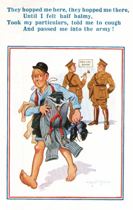 Framed Print : Comic postcard, Soldier joining the British Army, WW2 - medical examination Date Framed Print : Comic postcard, Soldier joining the British Army, WW2 - medical examination Date