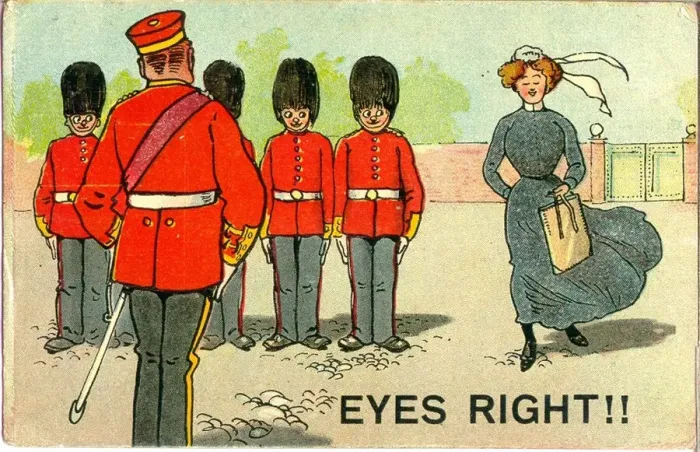 Framed Print : Comic postcard, Soldiers admire pretty woman - eyes right!! Date: 20th century Framed Print : Comic postcard, Soldiers admire pretty woman - eyes right!! Date: 20th century