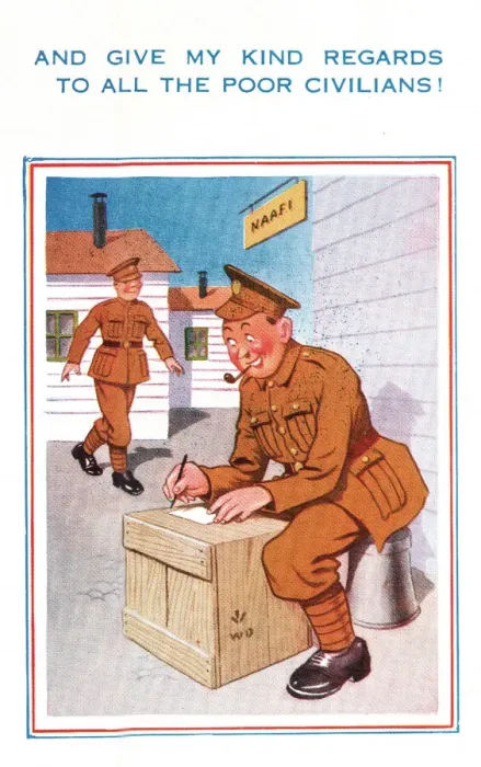 Framed Print : Comic postcard, Soldiers in the British Army, WW2 - a soldier sitting outside the NaFI Framed Print : Comic postcard, Soldiers in the British Army, WW2 - a soldier sitting outside the NaFI