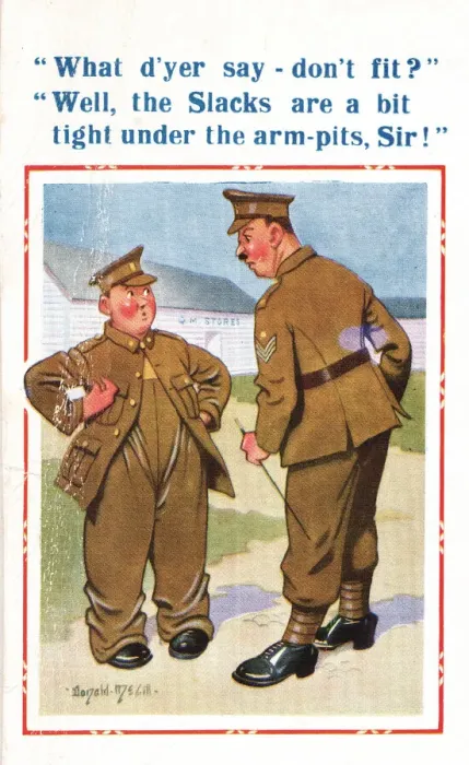 Framed Print : Comic postcard, Soldiers in the British Army, WW2 - badly fitting uniform - the slacks Framed Print : Comic postcard, Soldiers in the British Army, WW2 - badly fitting uniform - the slacks