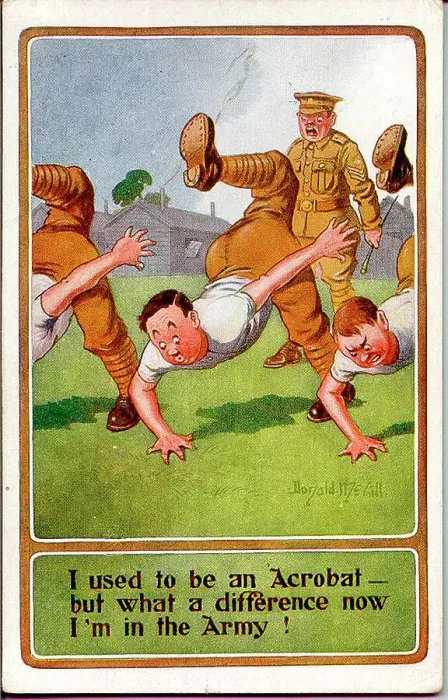 Framed Print : Comic postcard, Soldiers exercising in army camp. Date: 1914-1918 Framed Print : Comic postcard, Soldiers exercising in army camp. Date: 1914-1918