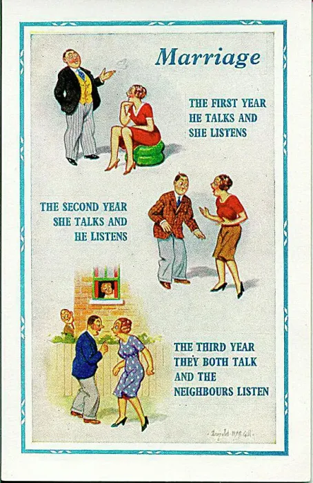 : Comic postcard, Three stages of marriage Date: 20th century : Comic postcard, Three stages of marriage Date: 20th century