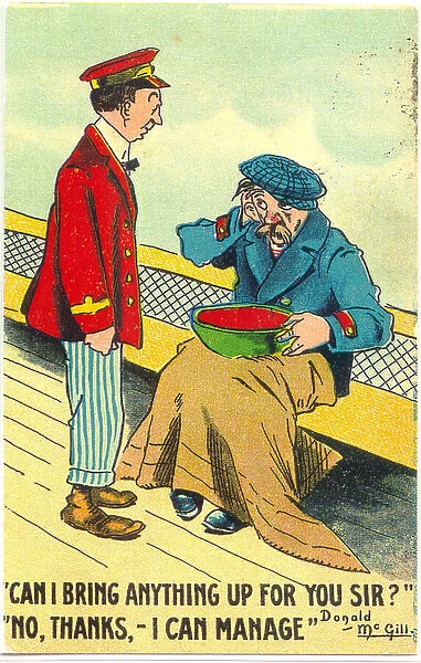 Comic postcard, Steward and sick man on board ship