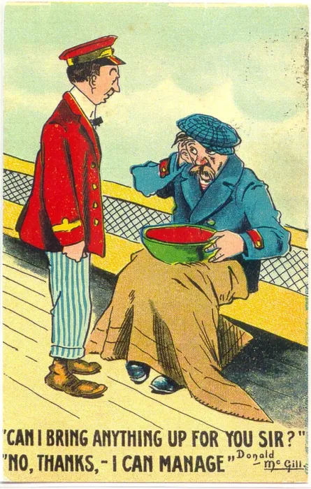 Framed Print : Comic postcard, Steward and sick man on board ship Framed Print : Comic postcard, Steward and sick man on board ship