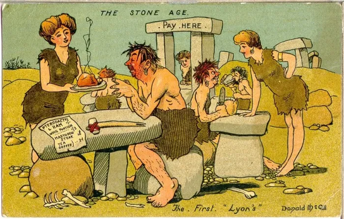 Framed Print : Comic postcard, Stone Age Lyons Cafe Date: 20th century Framed Print : Comic postcard, Stone Age Lyons Cafe Date: 20th century