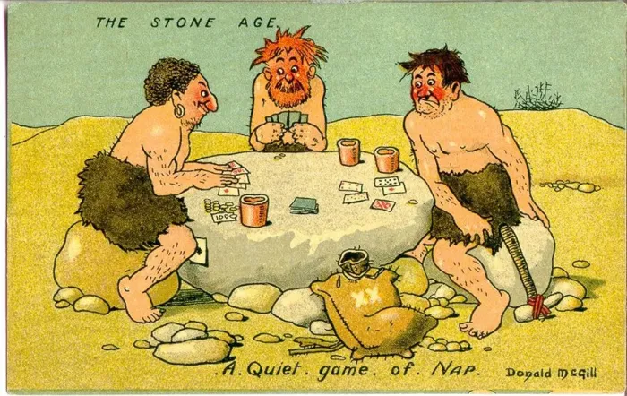 Framed Print : Comic postcard, Three Stone Age men - A quiet game of Nap. Date: 20th century Framed Print : Comic postcard, Three Stone Age men - A quiet game of Nap. Date: 20th century