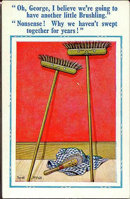 : Comic postcard, Two sweeping brushes and a handbrush Date: 20th century : Comic postcard, Two sweeping brushes and a handbrush Date: 20th century