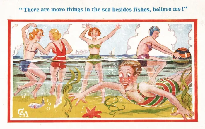 Framed Print : Comic postcard, Swimming in the sea - young man and four pretty women Date Framed Print : Comic postcard, Swimming in the sea - young man and four pretty women Date
