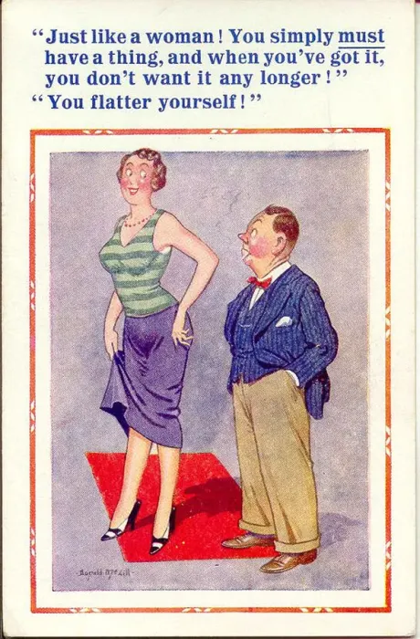 Framed Print : Comic postcard, Tall woman and short man Date: 20th century Framed Print : Comic postcard, Tall woman and short man Date: 20th century