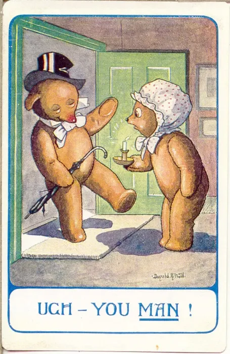 Framed Print : Comic postcard, Teddy bear comes home drunk. Ugh - You Man! Date: 20th century Framed Print : Comic postcard, Teddy bear comes home drunk. Ugh - You Man! Date: 20th century