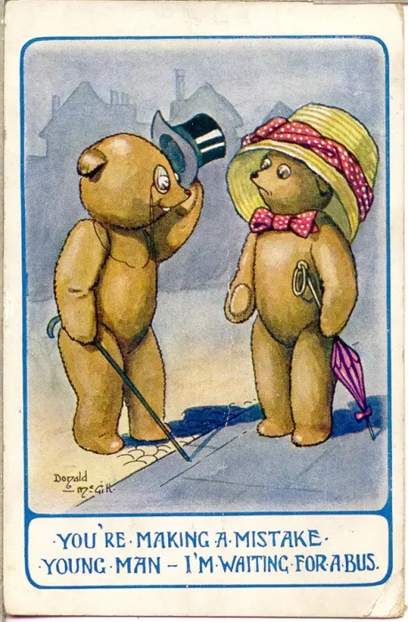 Framed Print : Comic postcard, Teddy bears in the street. I m waiting for a bus. Date: 20th century Framed Print : Comic postcard, Teddy bears in the street. I m waiting for a bus. Date: 20th century